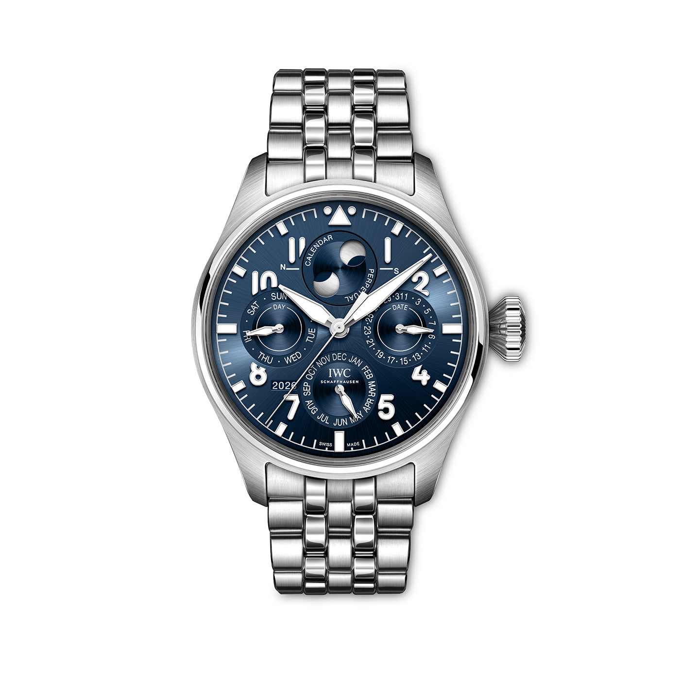 Front view of Big Pilot's Perpetual Calendar watch with blue sunburst dial, moonphase and metal bracelet on white background