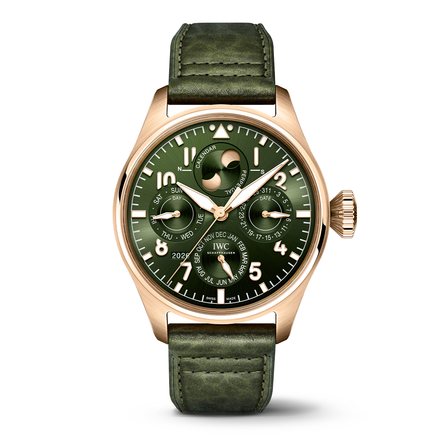 IWC gold case with green leather strap