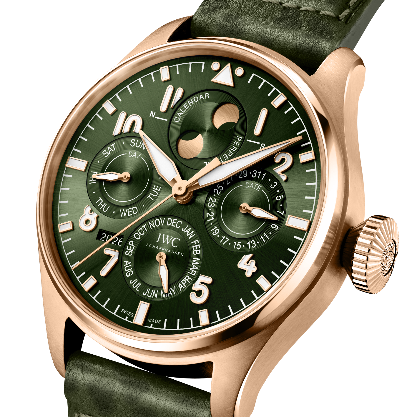 Angled close-up of IWC Big Pilot's Perpetual Calendar watch showing green dial, gold case, calendar subdials on white
