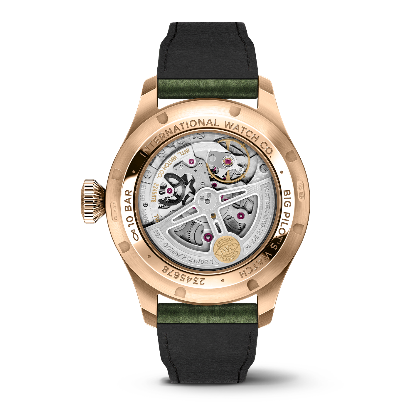 Watch with black strap and gold case around mechanical movements on white background