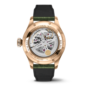 Watch with black strap and gold case around mechanical movements on white background