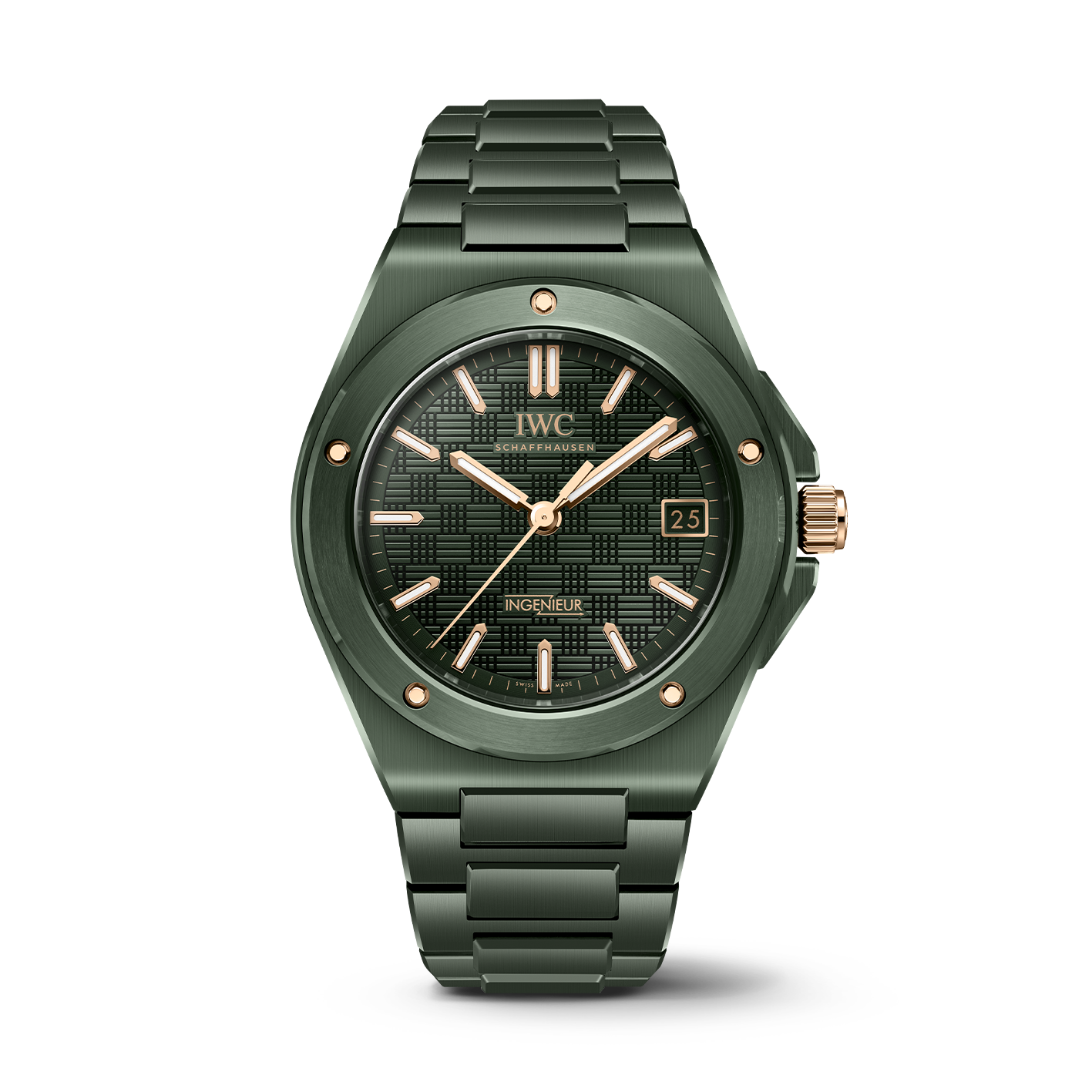 Green ceramic IWC watch with rose gold accents on a white background