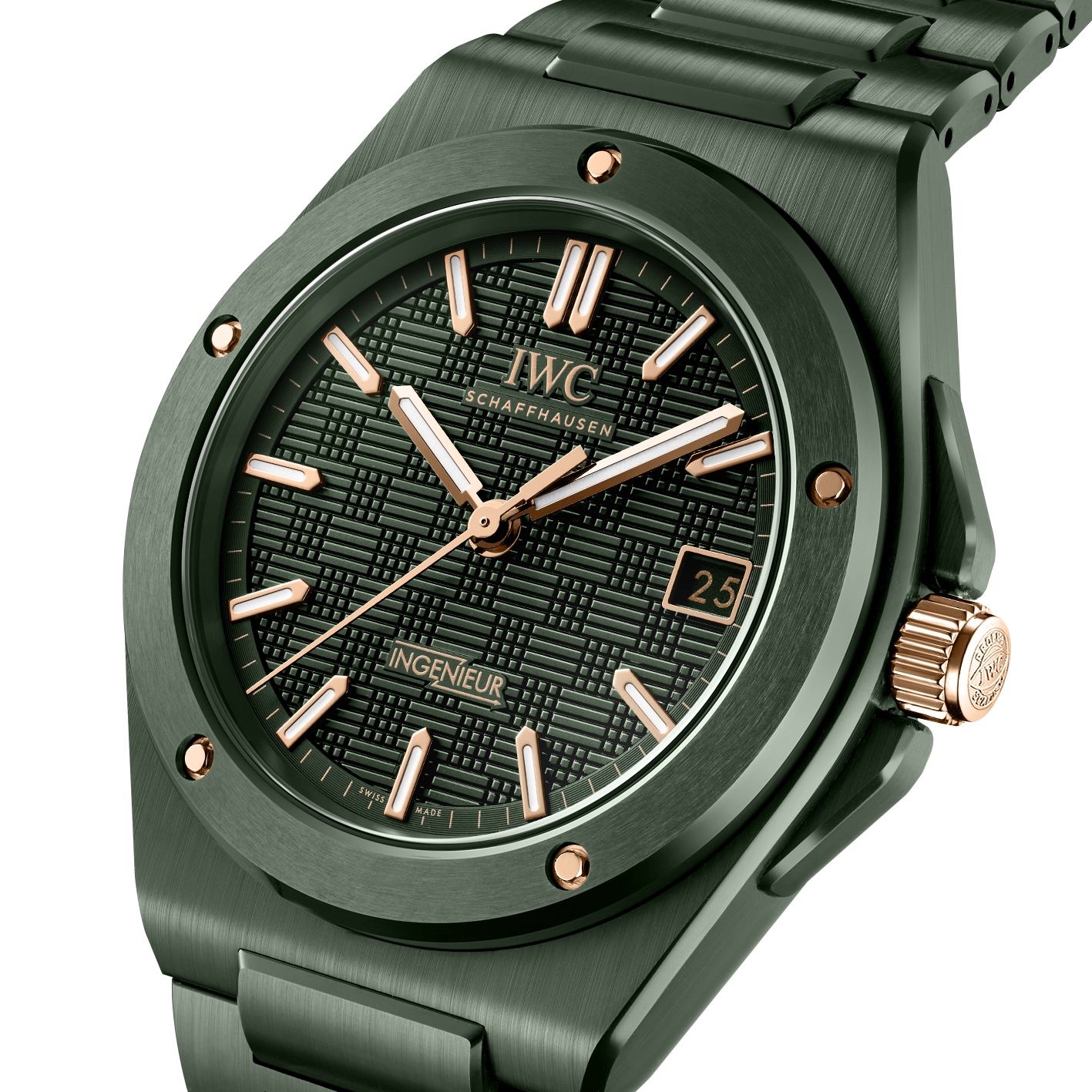 Green ceramic IWC watch with rose gold accents on a white background