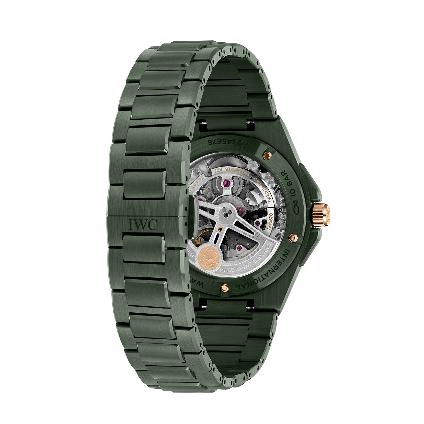 Rear three-quarter view of Ingenieur Automatic 42 green ceramic watch with IWC logo on clasp and exhibition caseback