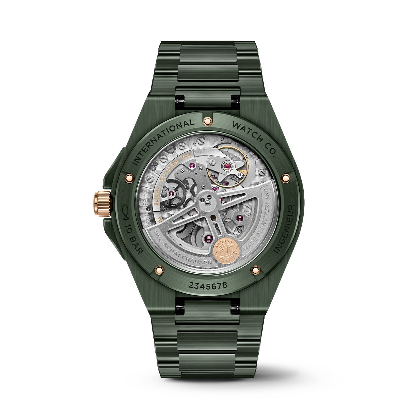 Rear view of Ingenieur Automatic 42 showing exhibition caseback with visible automatic movement and green ceramic case and bracelet