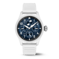 Front view of IWC Big Pilot Le Petit Prince Perpetual Calendar showing blue dial with moonphase and white strap