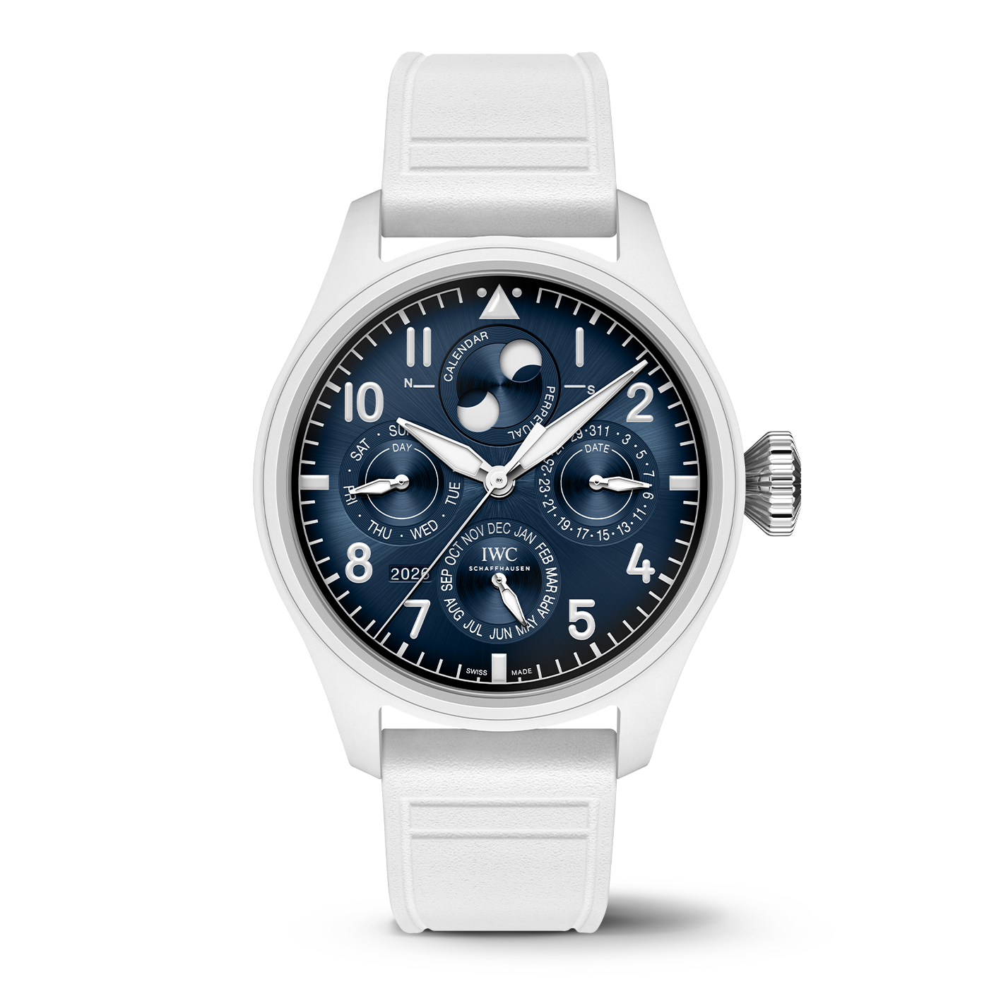 Front view of IWC Big Pilot Le Petit Prince Perpetual Calendar showing blue dial with moonphase and white strap