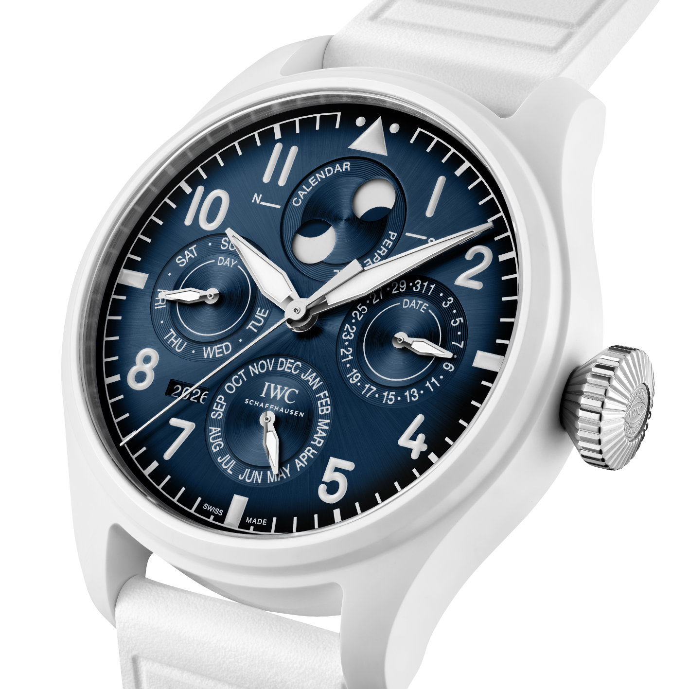 Angled close-up of Big Pilot's Perpetual Calendar 'Le Petit Prince' blue dial with moonphase and subdials on white case