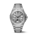 Front view of IWC Ingenieur Perpetual Calendar 41 titanium watch showing silver textured dial, perpetual calendar subdials, moonphase and integrated bracelet on black background