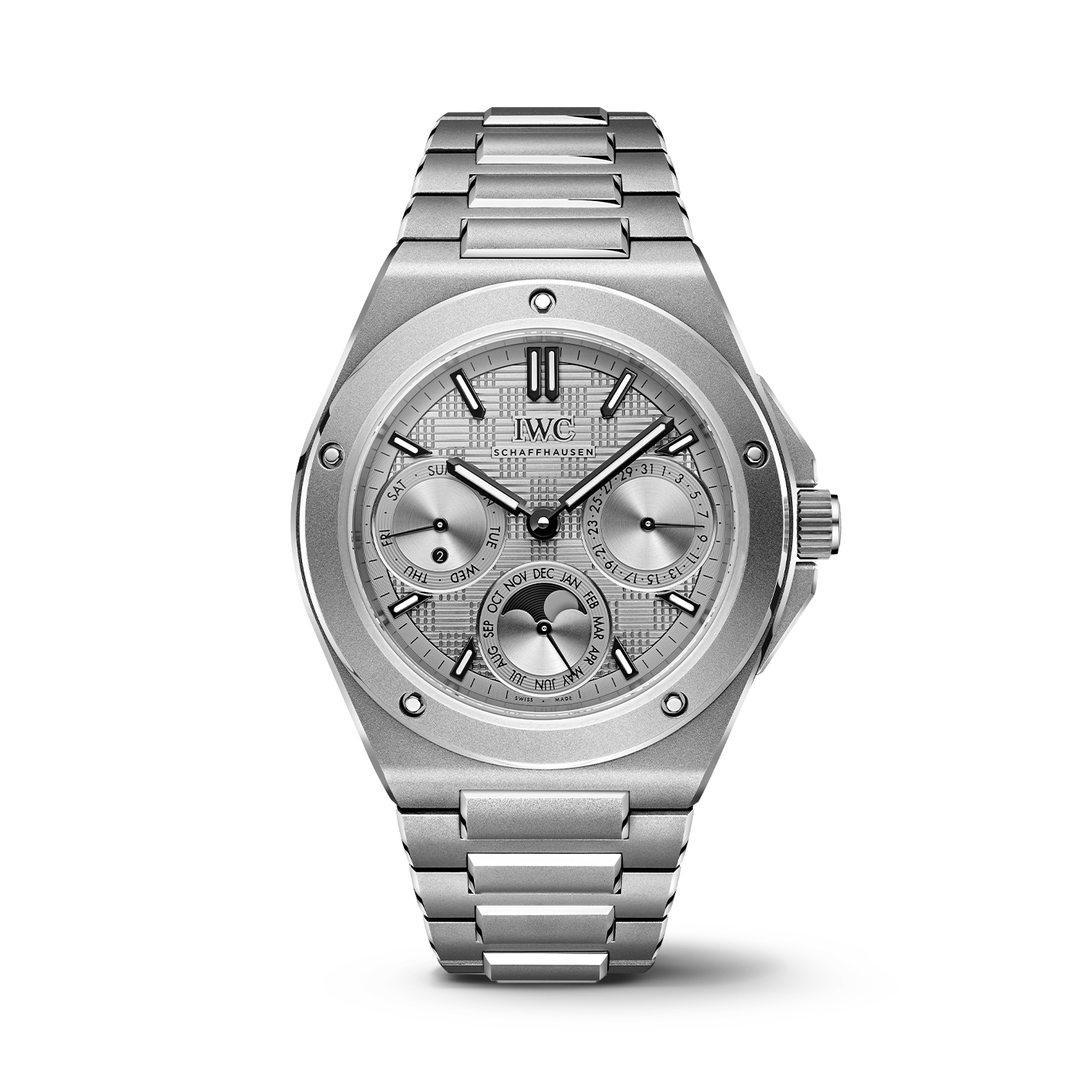 Front view of IWC Ingenieur Perpetual Calendar 41 titanium watch showing silver textured dial, perpetual calendar subdials, moonphase and integrated bracelet on black background