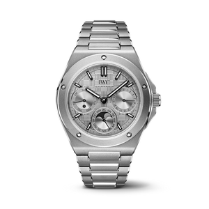 Front view of IWC Ingenieur Perpetual Calendar 41 titanium watch showing silver textured dial, perpetual calendar subdials, moonphase and integrated bracelet on black background
