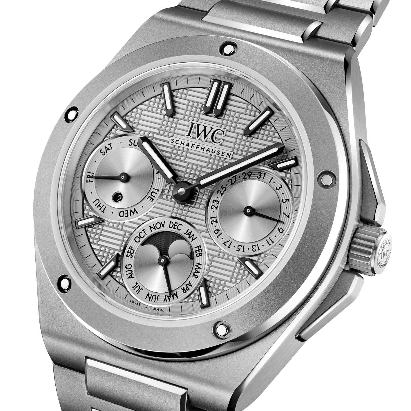 Titanium IWC watch with detailed face on a white background