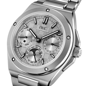 Titanium IWC watch with detailed face on a white background
