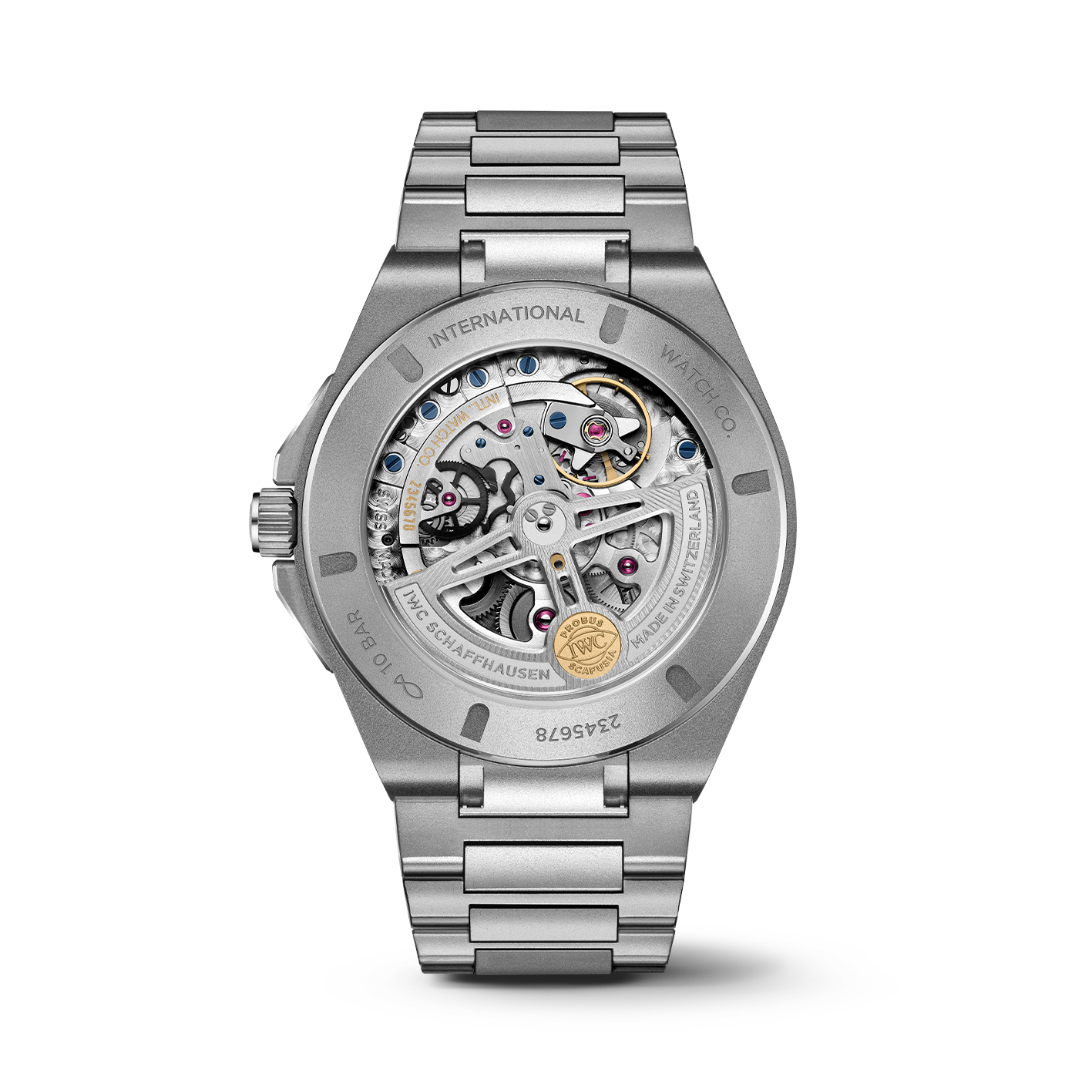 Front view of IWC Ingenieur Perpetual Calendar 41 titanium watch showcasing skeletonized dial and visible movement on white