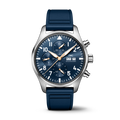 Front of IWC Pilot's Chronograph Le Petit Prince with blue dial, subdials, day-date, gold hands, steel case, rubber strap
