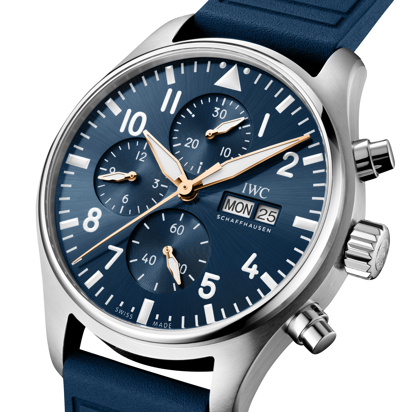 Wristwatch with blue strap and blue dial displaying brand name on a white background