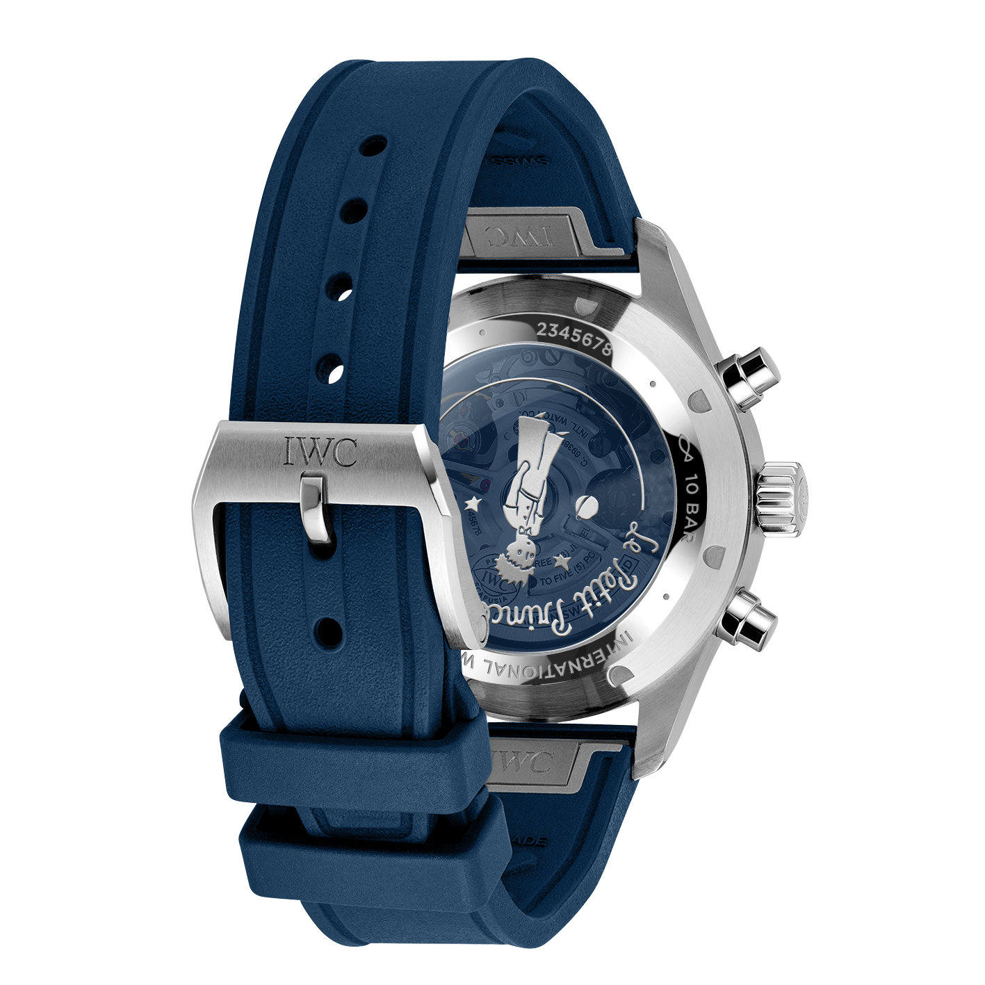 Angled rear view of Pilot's Watch Chronograph Le Petit Prince showcasing blue rubber strap and silver engraved case back on white background