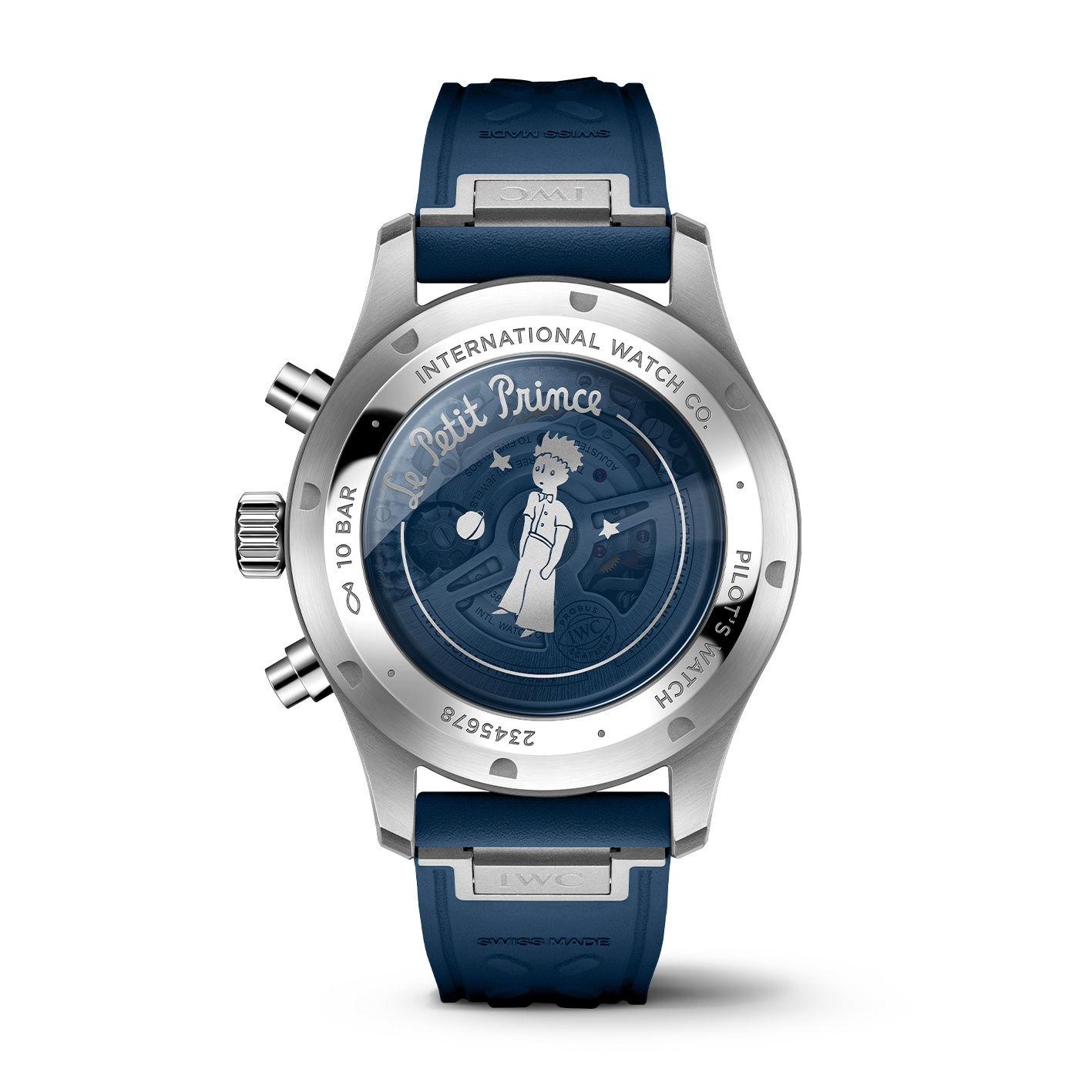 Back view of Pilot's Watch Chronograph Le Petit Prince showing engraved Le Petit Prince caseback and blue strap on white background