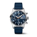 Front view of Pilot's Watch Chronograph 41 Le Petit Prince showing blue sunburst dial, gold hands, day and date window, chronograph subdials, stainless steel case and blue rubber strap on white background