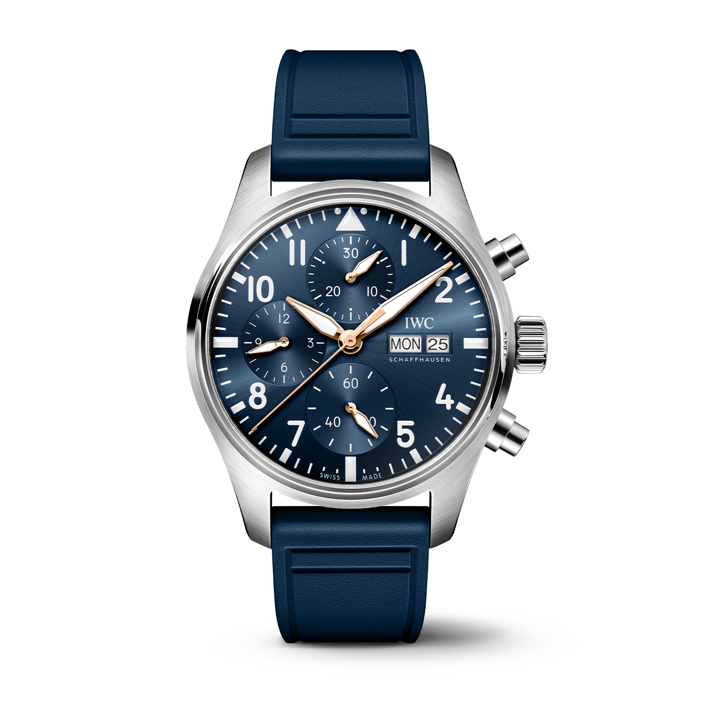 Front view of Pilot's Watch Chronograph 41 Le Petit Prince showing blue sunburst dial, gold hands, day and date window, chronograph subdials, stainless steel case and blue rubber strap on white background