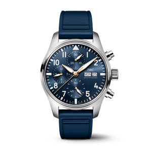 Front view of Pilot's Watch Chronograph 41 Le Petit Prince showing blue sunburst dial, gold hands, day and date window, chronograph subdials, stainless steel case and blue rubber strap on white background