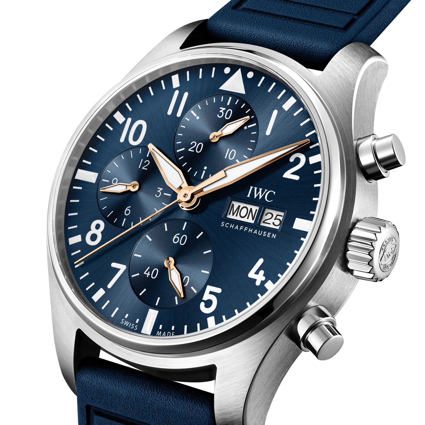Luxury watch with blue strap and blue dial on a white background