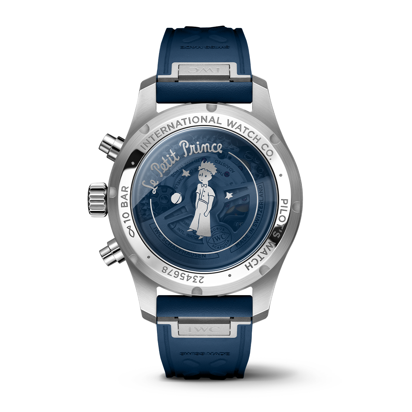 Rear view of Pilot's Watch Chronograph 41 Le Petit Prince showing engraved Le Petit Prince exhibition caseback and blue rubber strap on white background