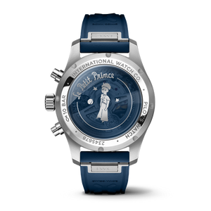 Rear view of Pilot's Watch Chronograph 41 Le Petit Prince showing engraved Le Petit Prince exhibition caseback and blue rubber strap on white background
