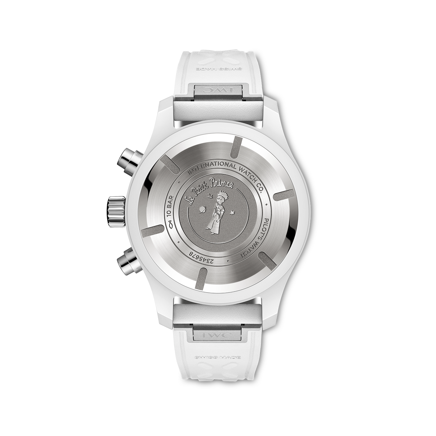 Back view of Pilot's Watch Chronograph 41 Le Petit Prince showing engraved caseback of the Little Prince and white rubber strap on white background