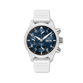 Front of Pilot's Watch Chronograph 41 Le Petit Prince with blue sunburst dial, chronograph, day-date window and white strap