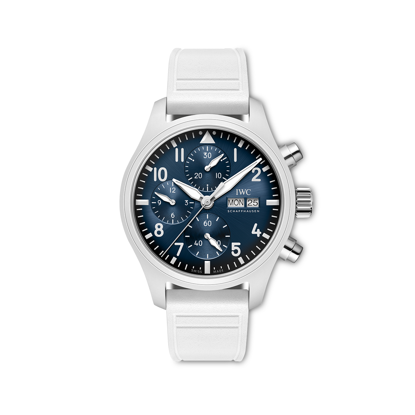 Front of Pilot's Watch Chronograph 41 Le Petit Prince with blue sunburst dial, chronograph, day-date window and white strap