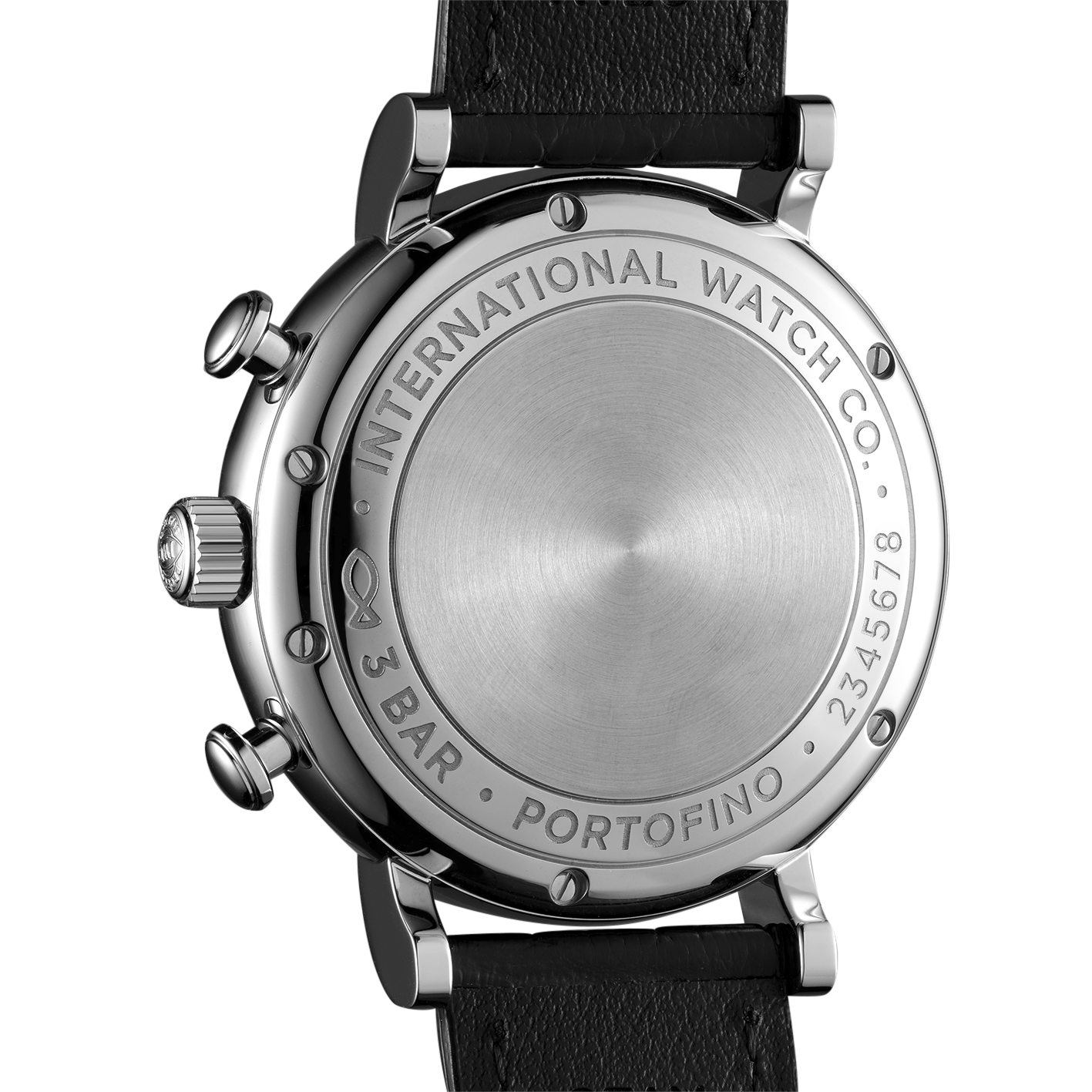 Back of stainless-steel watch engraved 'INTERNATIONAL WATCH CO. · 3 BAR · PORTOFINO · 2345678'
