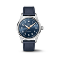 Front view of IWC Pilot's Watch Automatic 36 Le Petit Prince with blue sunburst dial, gold hands, stainless steel case and blue calfskin strap on black background
