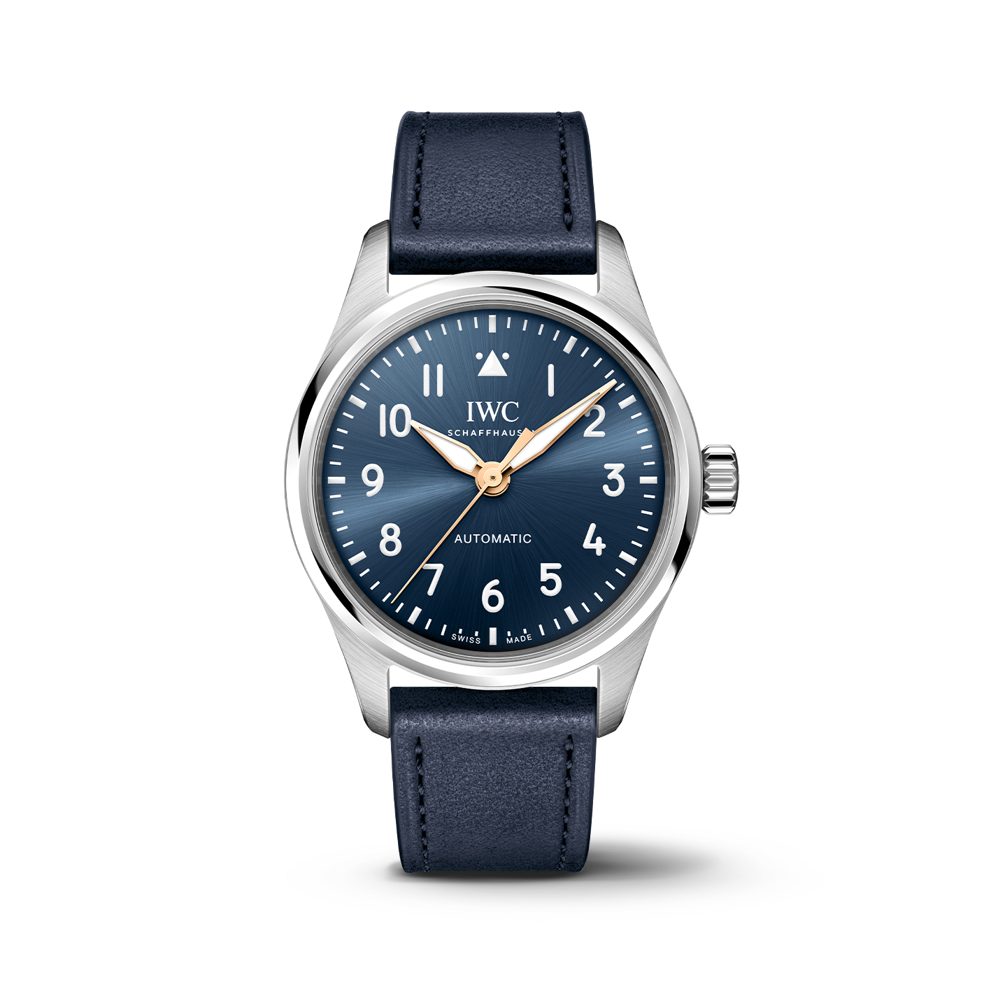Front view of IWC Pilot's Watch Automatic 36 Le Petit Prince with blue sunburst dial, gold hands, stainless steel case and blue calfskin strap on black background