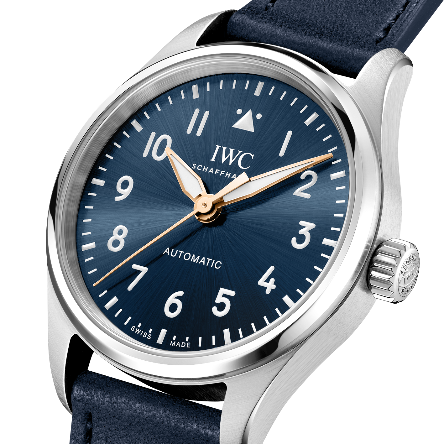 IWC watch with blue dial and blue calfskin strap on a white background