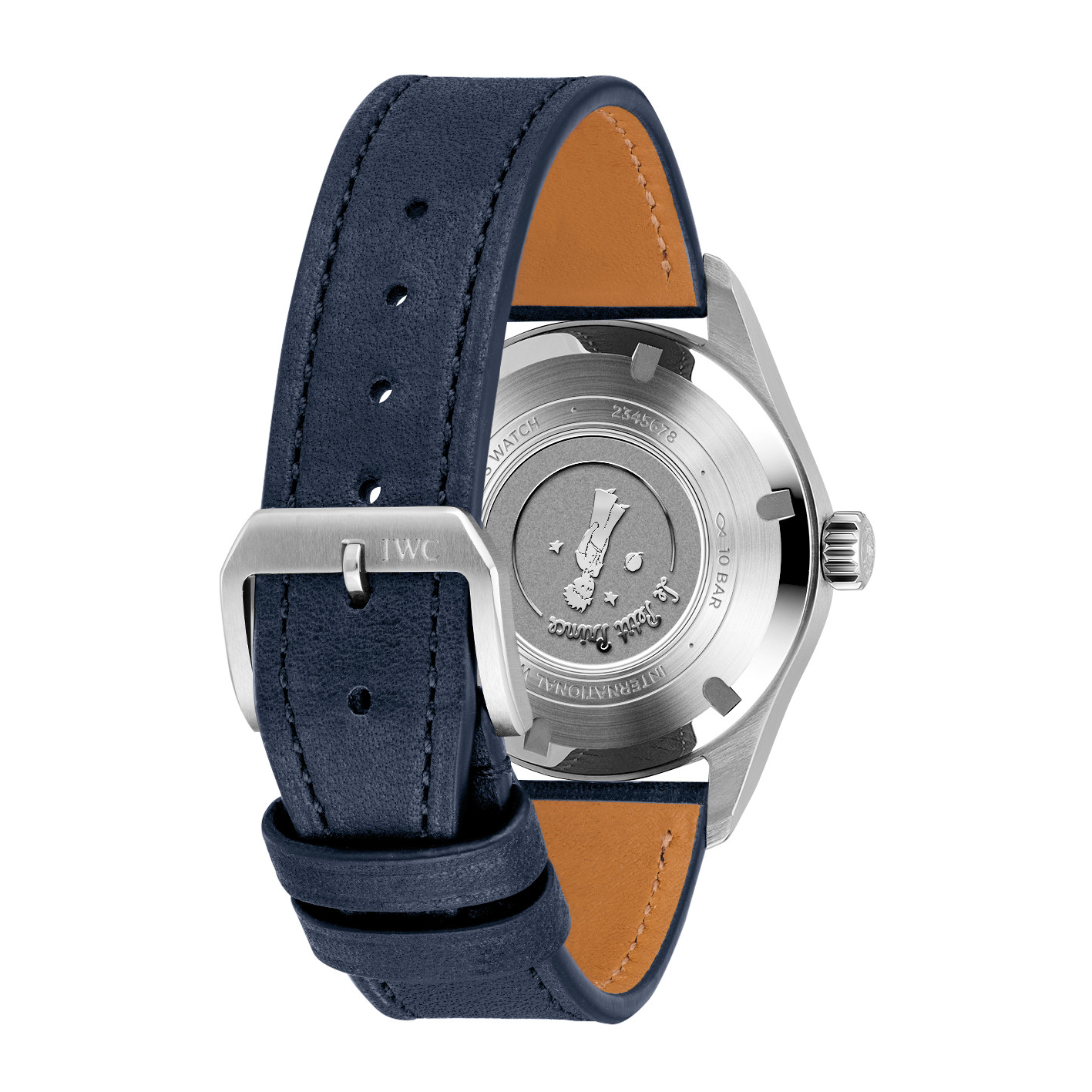 Rear of Pilot's Watch Automatic 36 Le Petit Prince showing engraved caseback, blue calfskin strap and IWC buckle