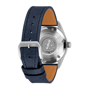 Rear of Pilot's Watch Automatic 36 Le Petit Prince showing engraved caseback, blue calfskin strap and IWC buckle