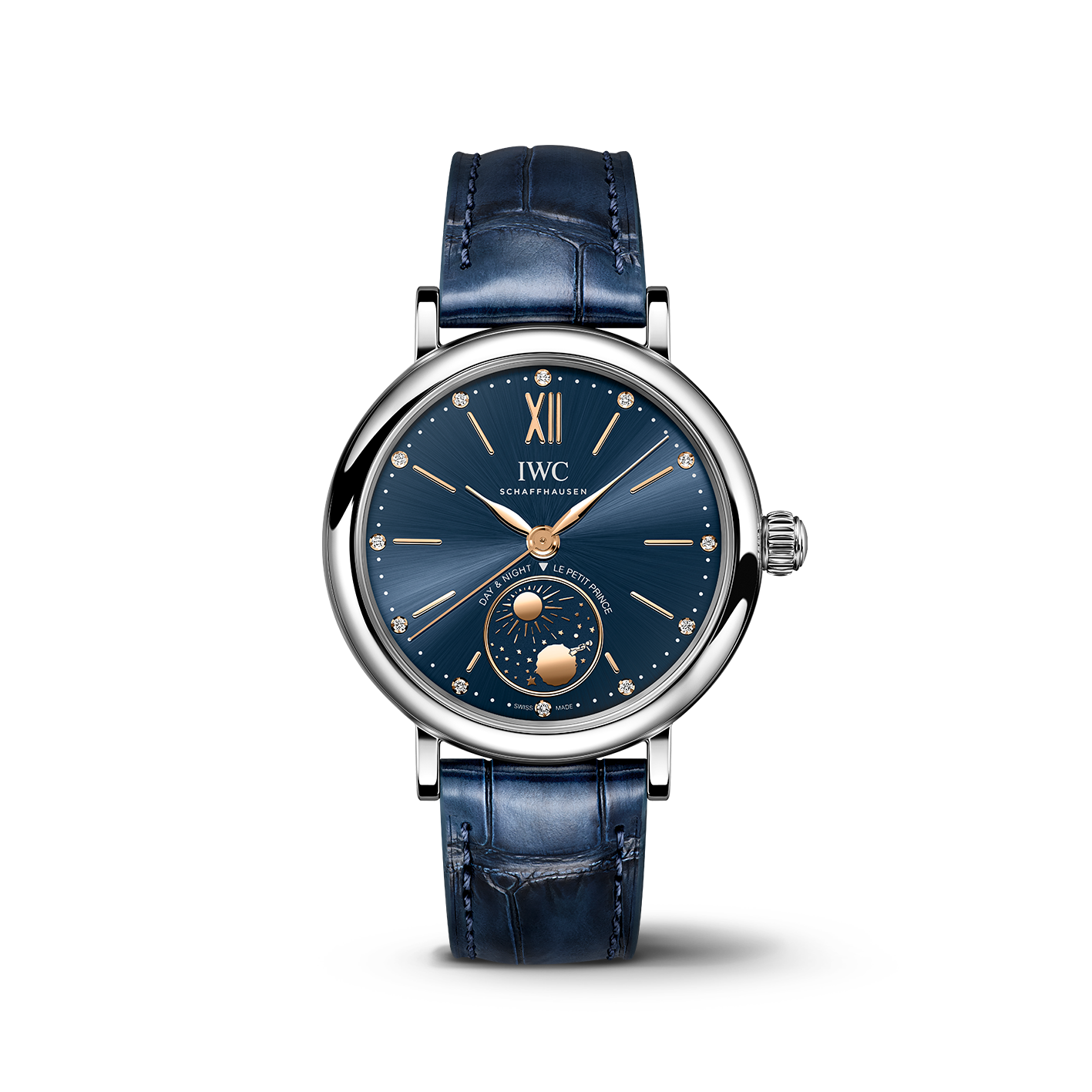 IWC watch with blue strap and blue dial on a white background