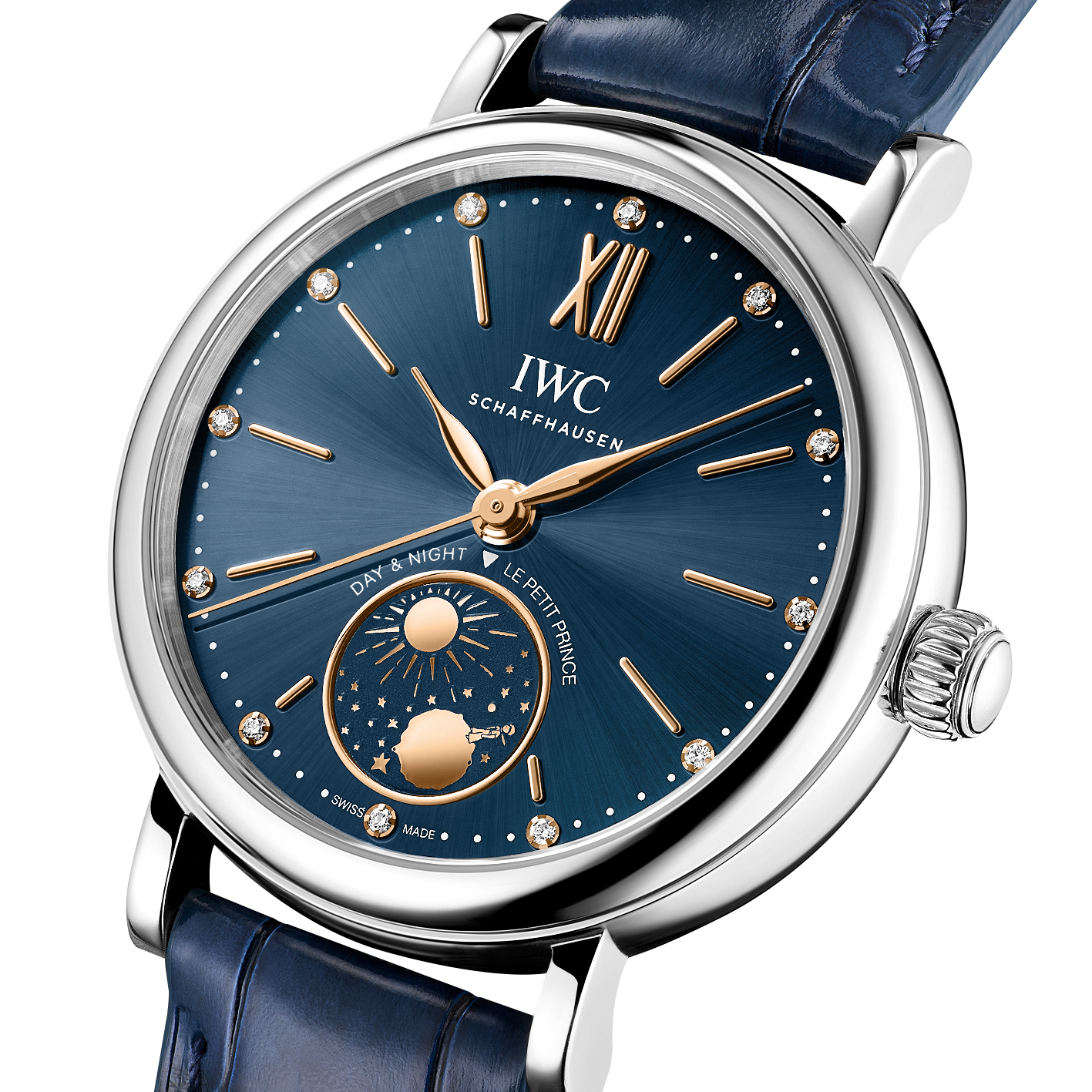 IWC watch with blue strap and blue dial on a white background