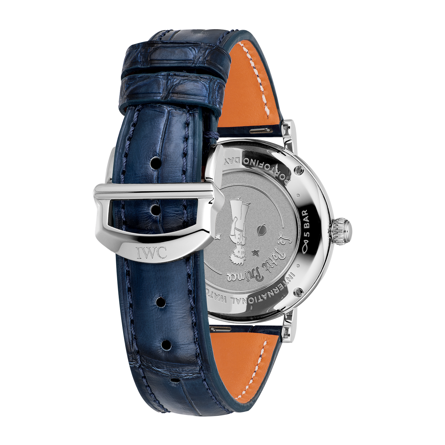 Watch with blue strap and orange interior on a white background