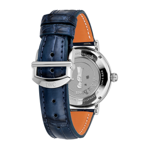Watch with blue strap and orange interior on a white background