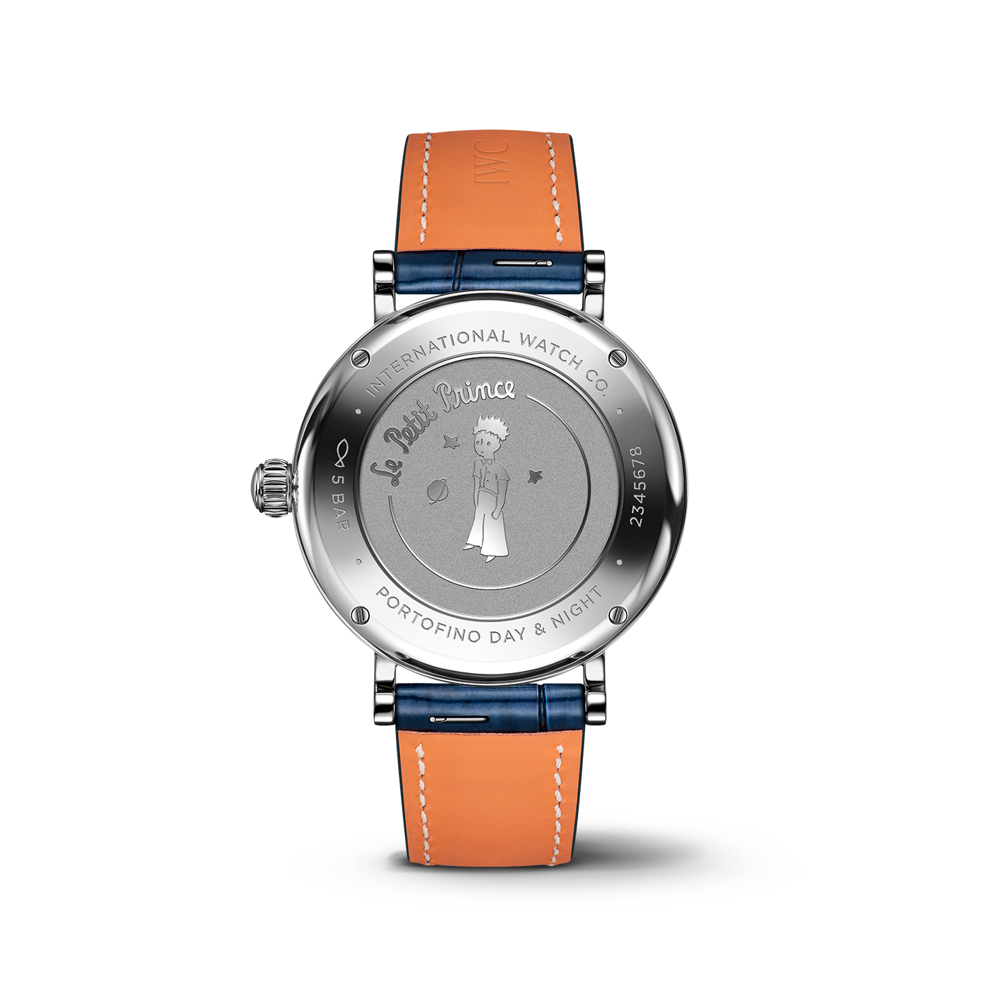 Rear view of IWC Portofino Automatic Day & Night 34 Le Petit Prince showing engraved caseback and orange strap