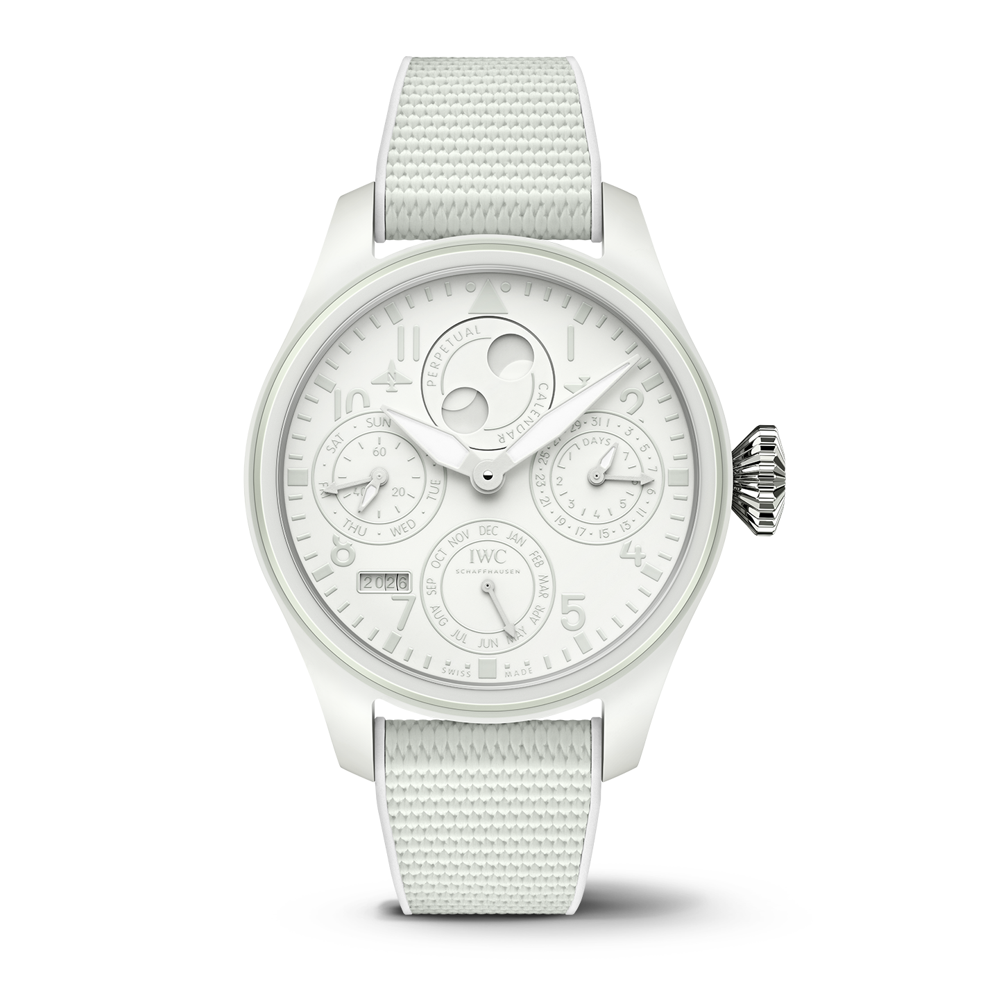 White IWC watch with detailed face on a white background