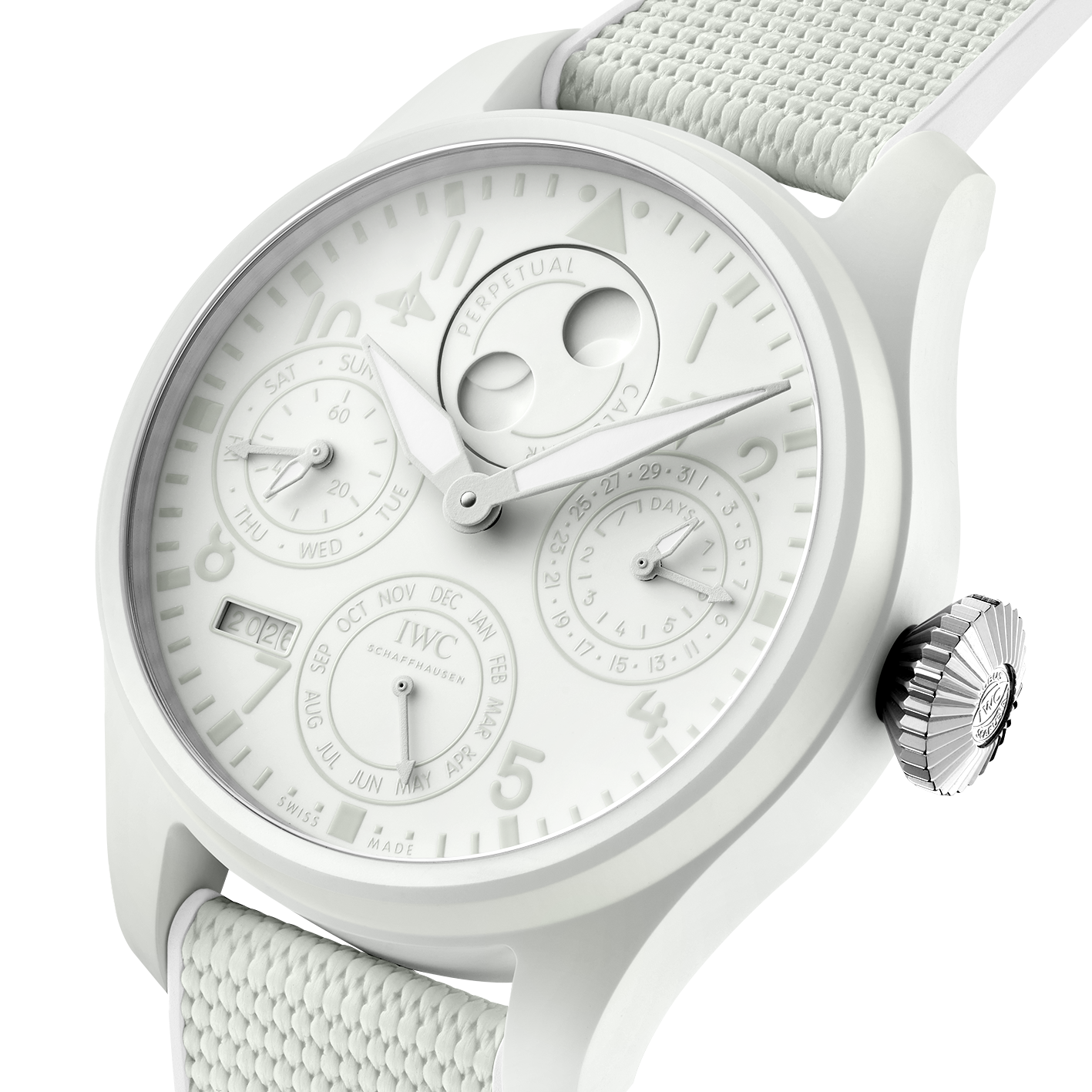 White IWC watch with detailed face on a white background