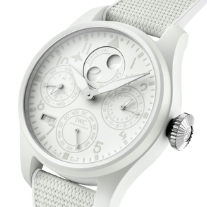 White IWC watch with detailed face on a white background