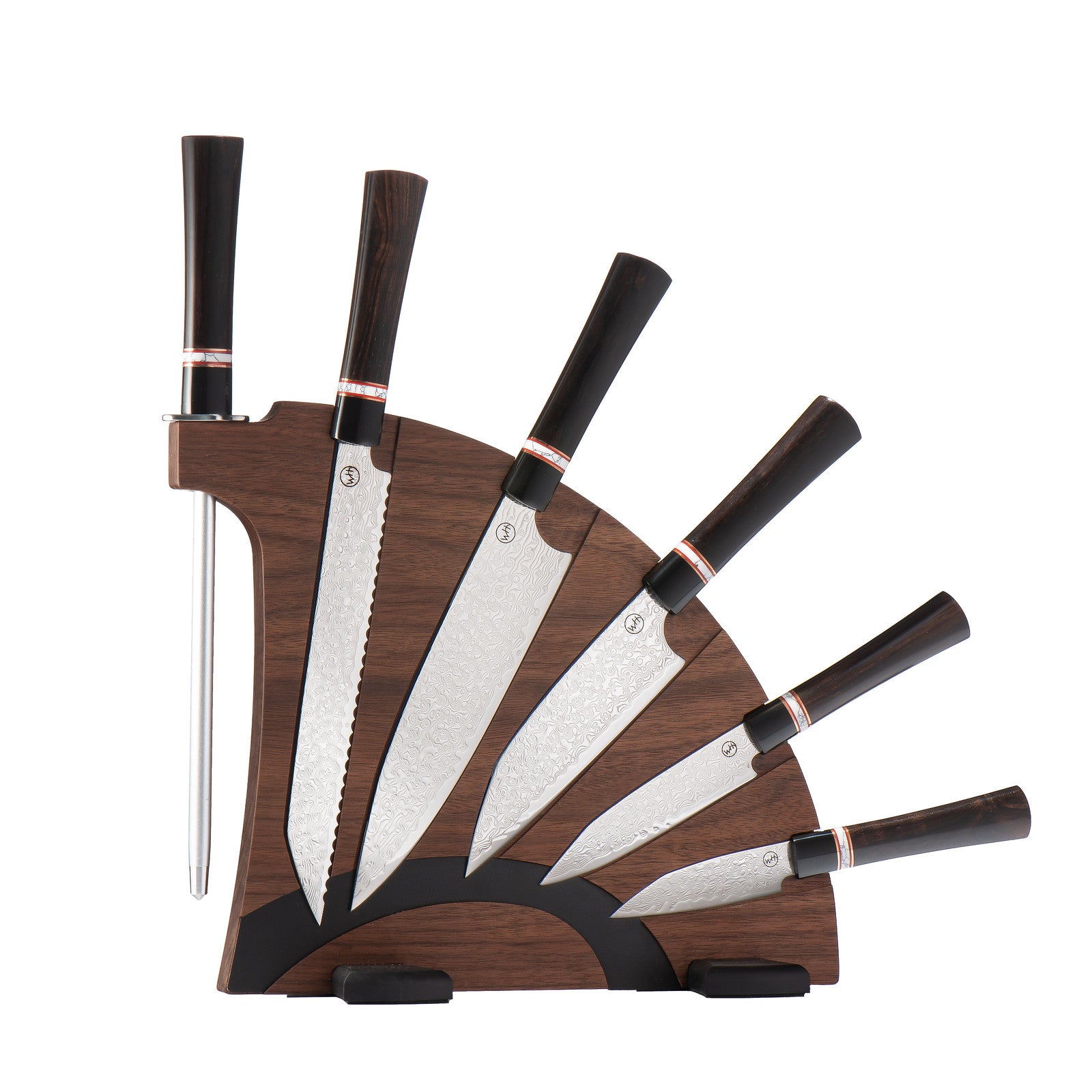 Front view of Kultro Gourmet Ebony knife set on fan-shaped walnut block, hammered Damascus blades and dark wood handles on white