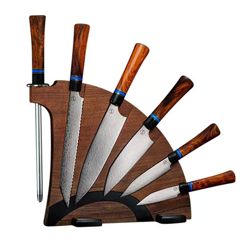 Front view of Kultro Gourmet 6-piece knife set with ironwood handles on walnut fan-style block, patterned blades