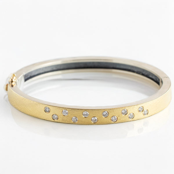 Wide Yellow Gold Bangle with Zig Zag Diamonds