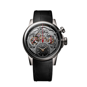 Skeleton LOUIS MOINET chronograph wristwatch with exposed gears, red hands and black leather strap; subdial shows 12 9 3 6