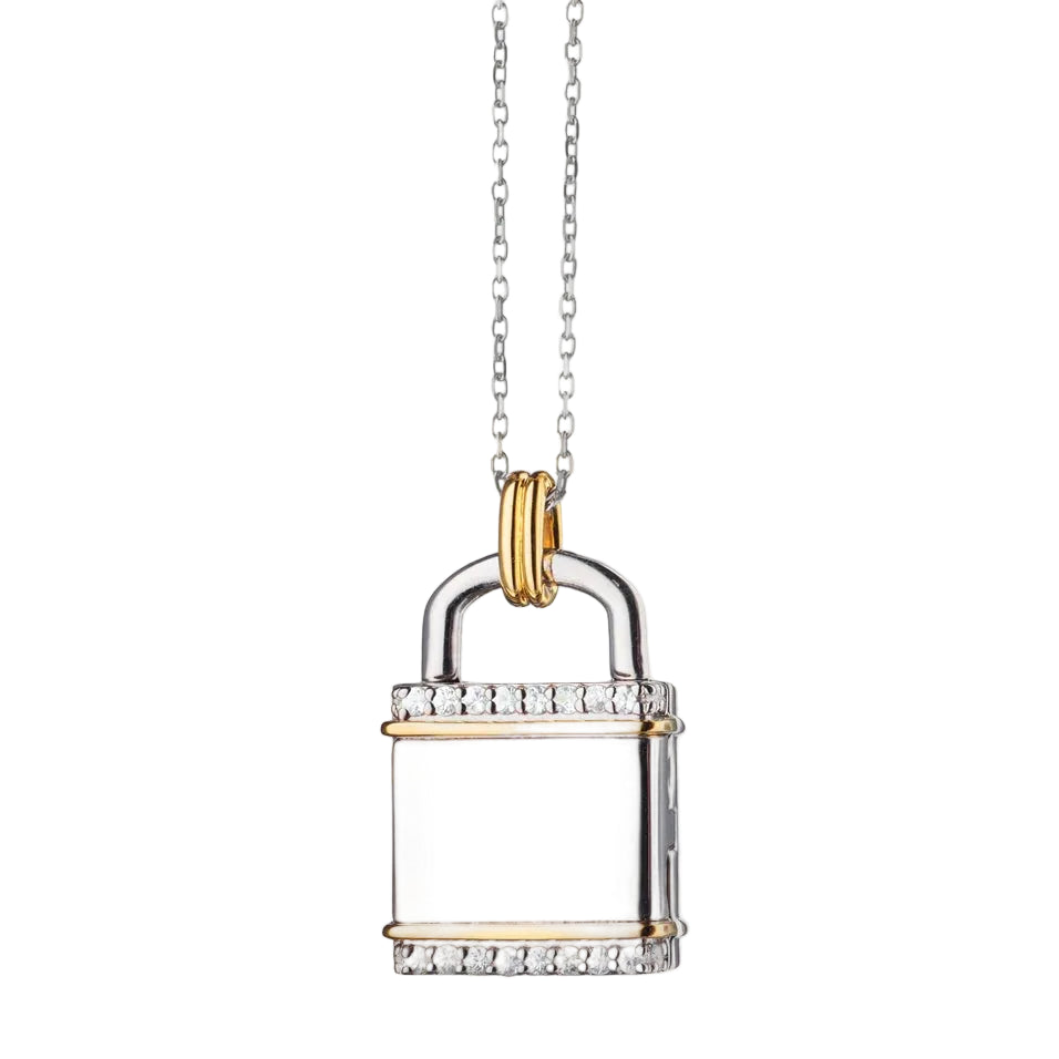 square two-tone lock inspired locket features white sapphire accents and holds two images on a white background